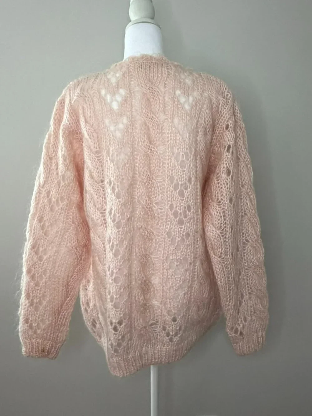 From Iris Pink Chunky Cable Knit Sweater Openwork Lace Mohair Style Oversized